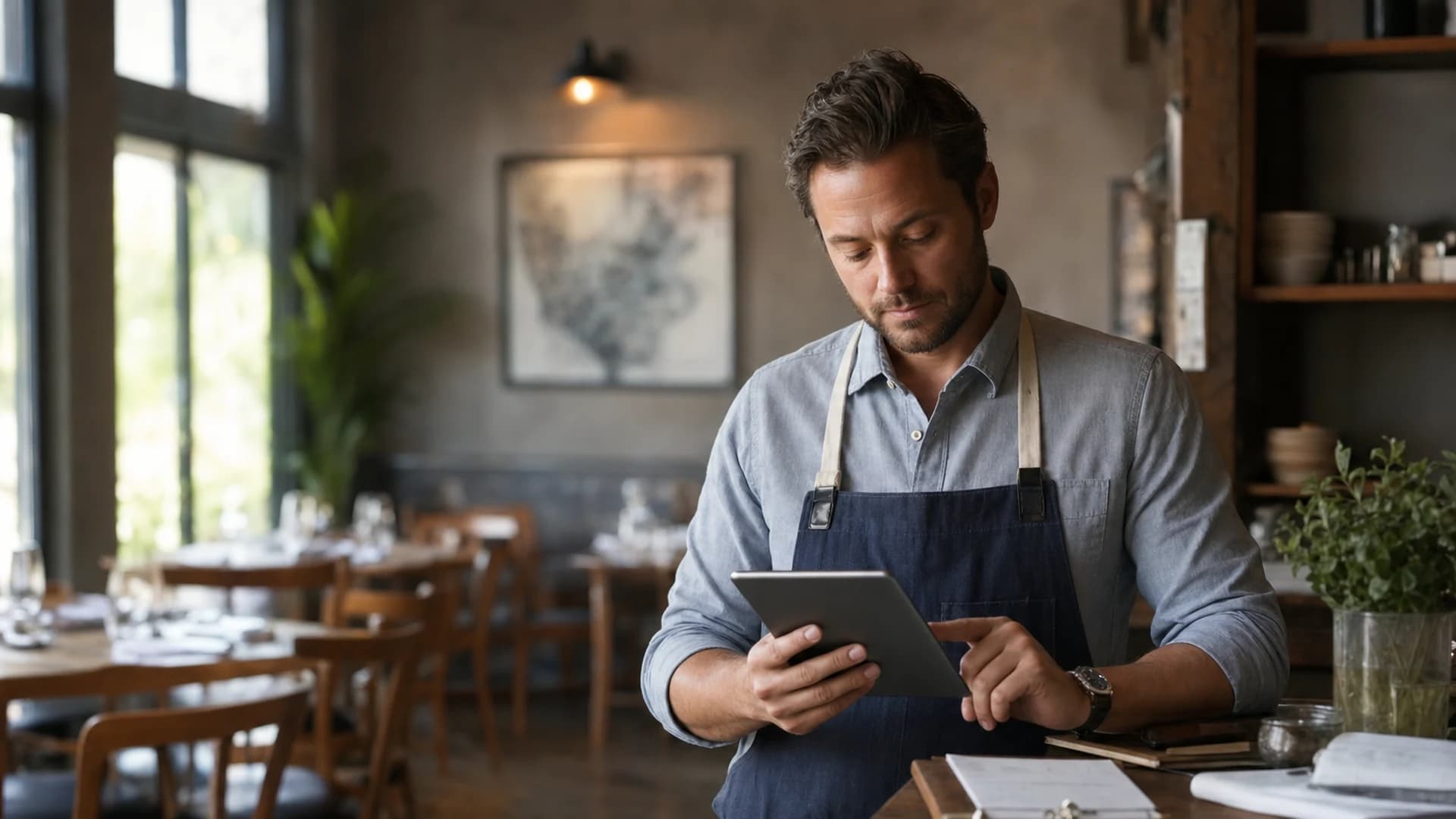 Restaurant manager reviews ops systems on a tablet at a quiet host-stand or back-office nook before service