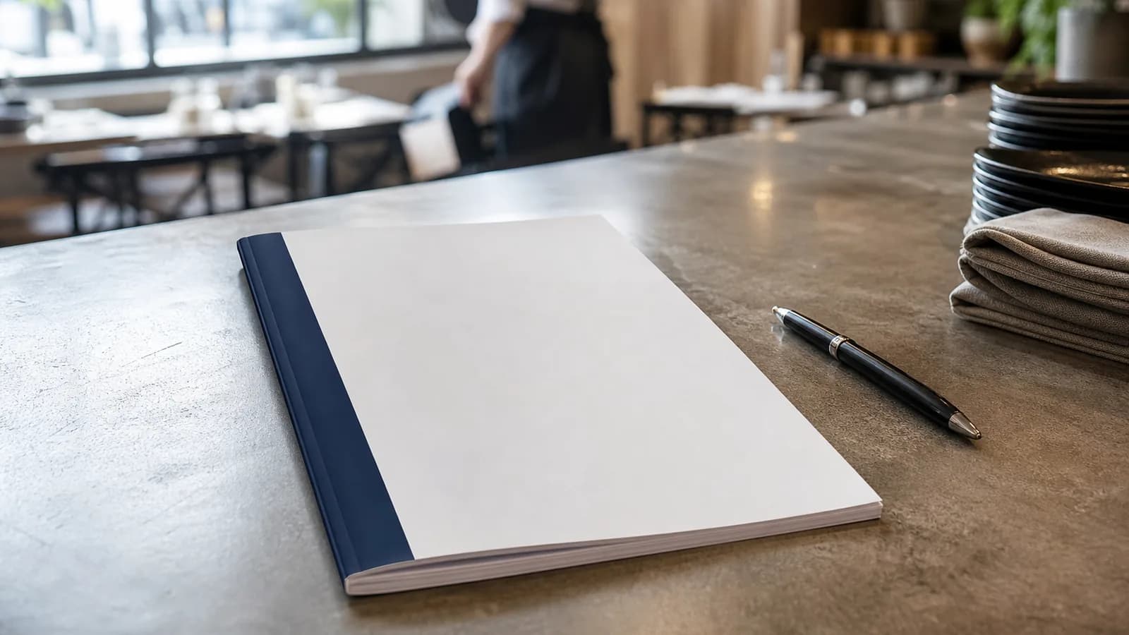 Clean employee handbook booklet on a restaurant counter beside a pen for acknowledgment
