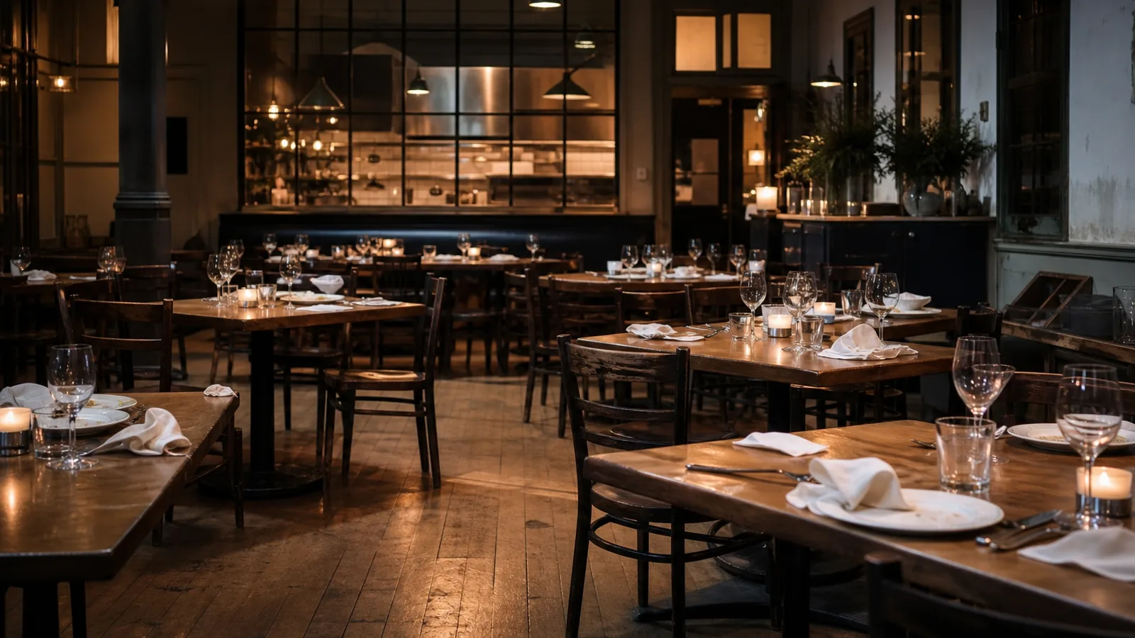 Quiet restaurant after last service — chairs staged, lights dimming, end-of-night close atmosphere