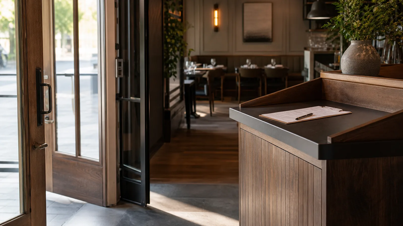 Restaurant entrance unlocked before service with checklist clipboard on host stand