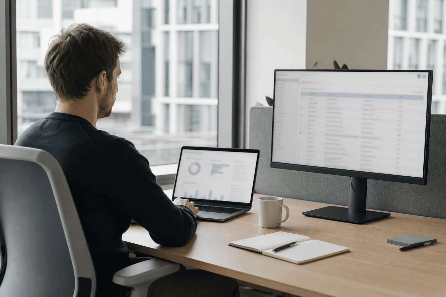 Operator in a modern workspace reviewing business records and an approval workflow