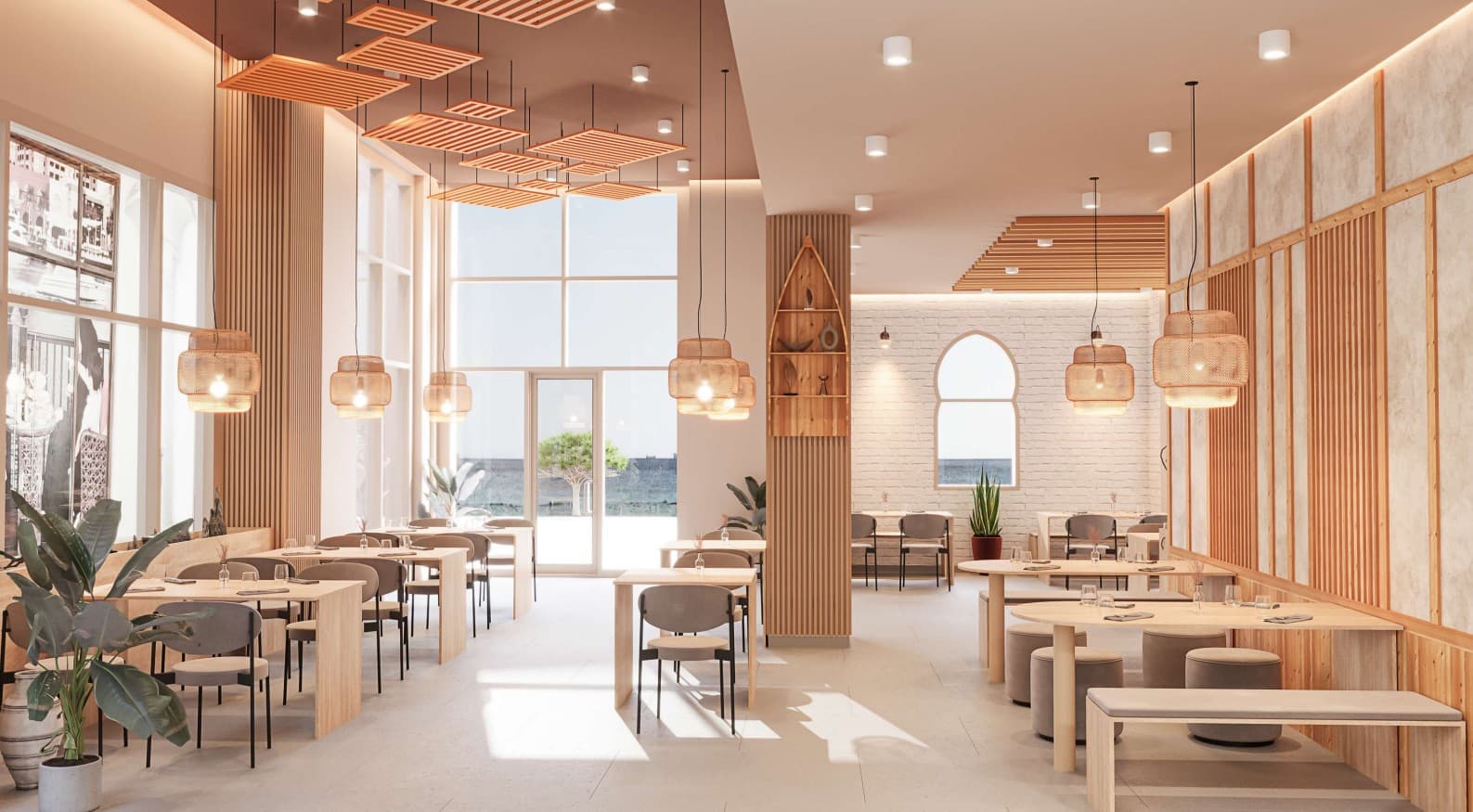 Dining room at Jeju Snow Salmon — light wood tables under woven pendant lights.