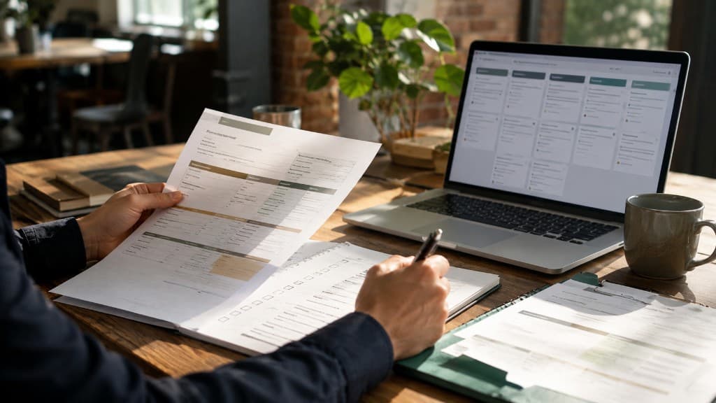 Hands reviewing a printed operating record and checklist at a desk, with a laptop workflow in the background.